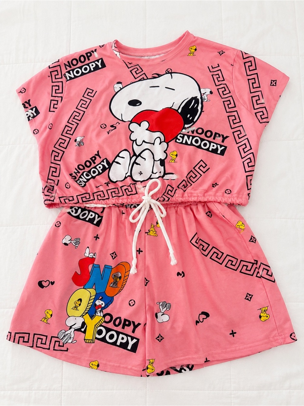Pink Snoopy Print Kids Pajama Set - Short Sleeve Top & Shorts